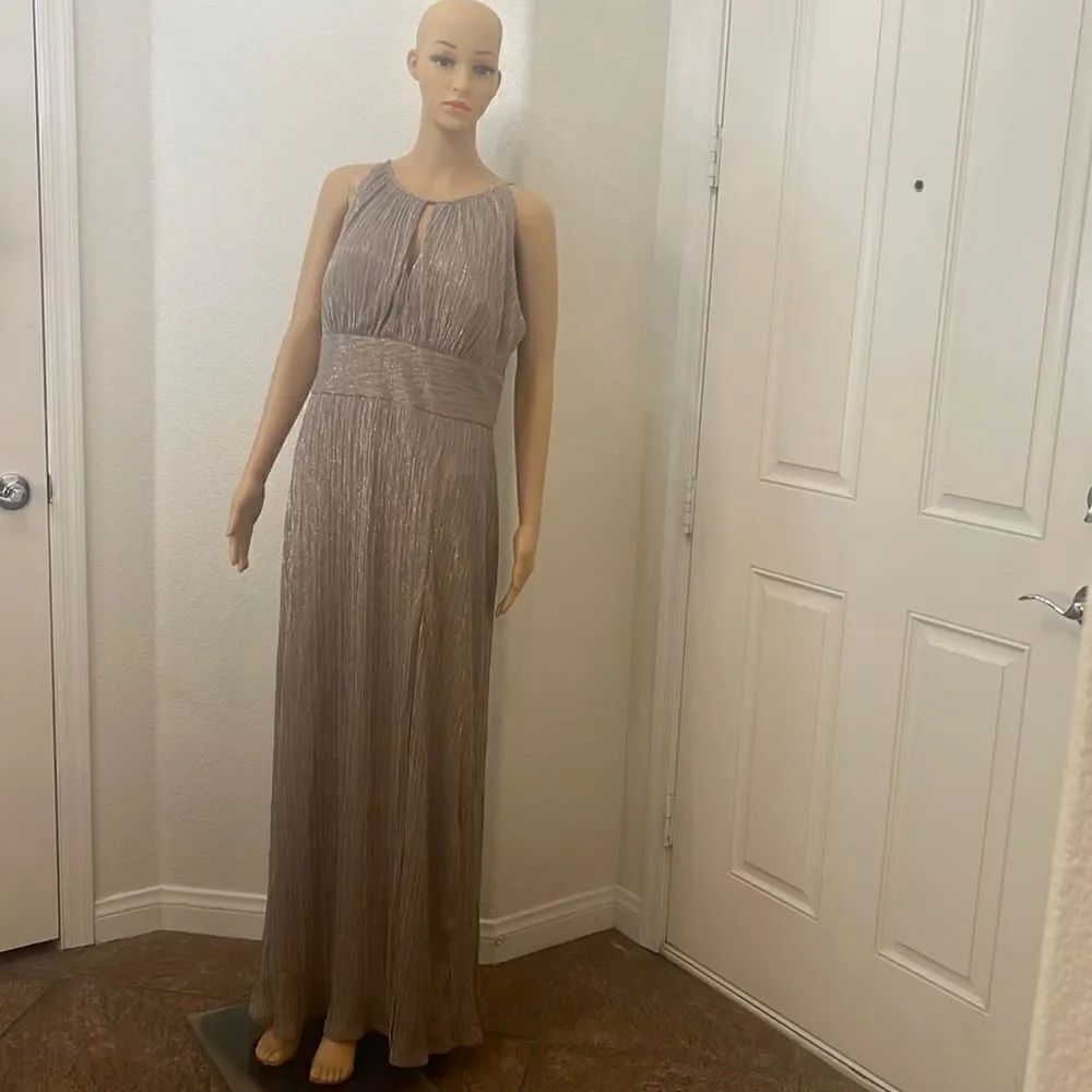 R&M Richard’s Metallic Dress Keyhole Neck Tue Zippered Back Lined Slit Leg Maxi